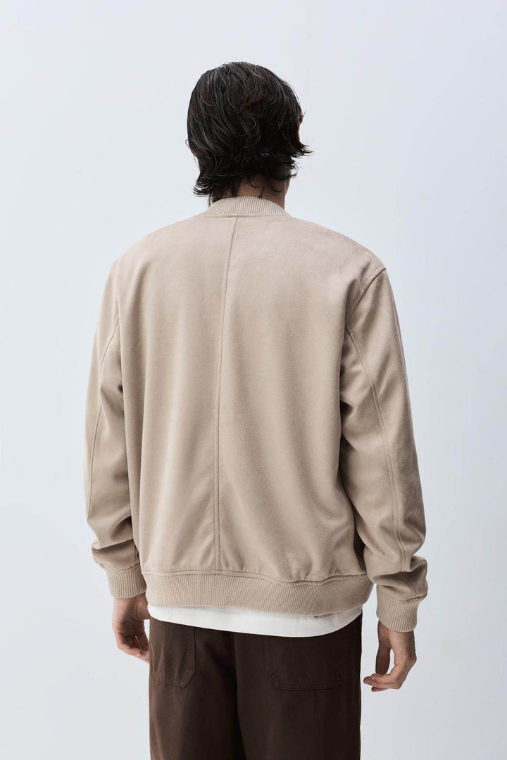 Back view of the men's beige faux suede bomber

