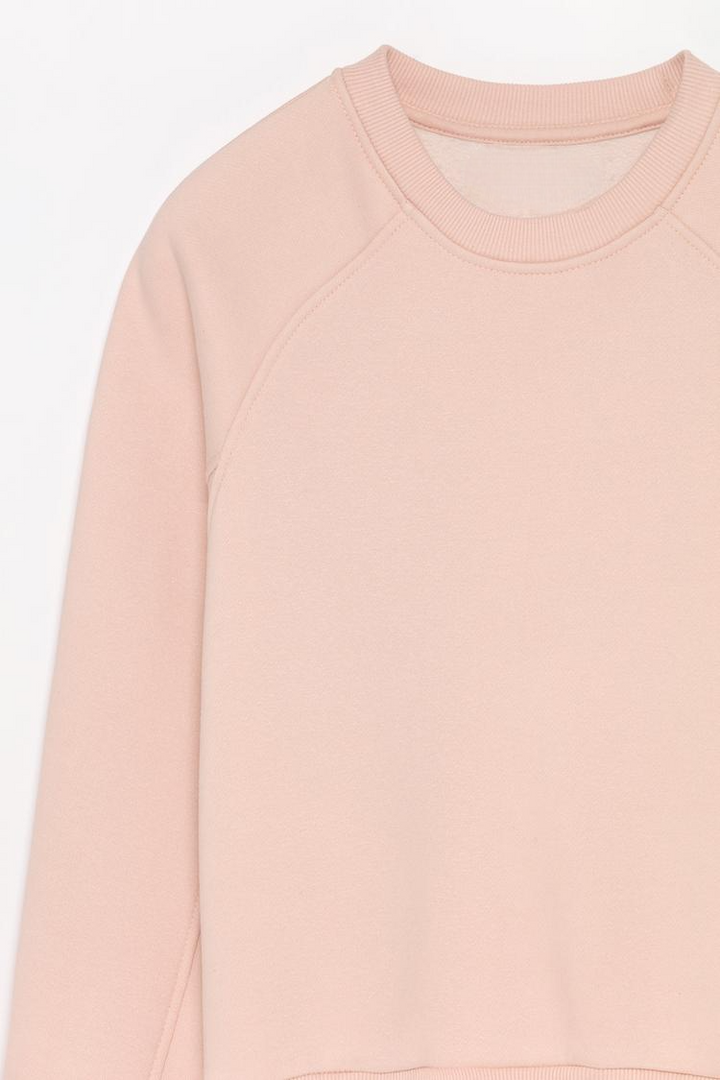 Zoomed-in view of a women's pink basic cropped sweatshirt, showcasing the fabric texture, stitching details, and cropped design.