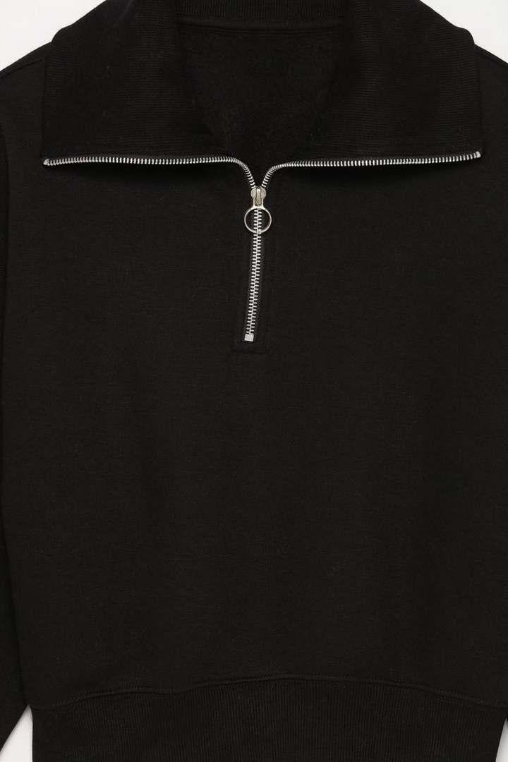 Zoomed-in view of a women's black sweatshirt with a zip-up collar, showcasing the fabric texture, zipper detail, and stitching.