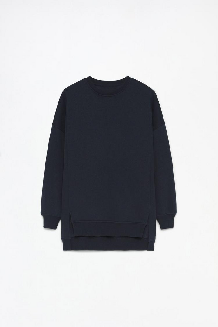 Women's navy blue oversized sweatshirt with an asymmetric design, perfect for a stylish and comfortable everyday look