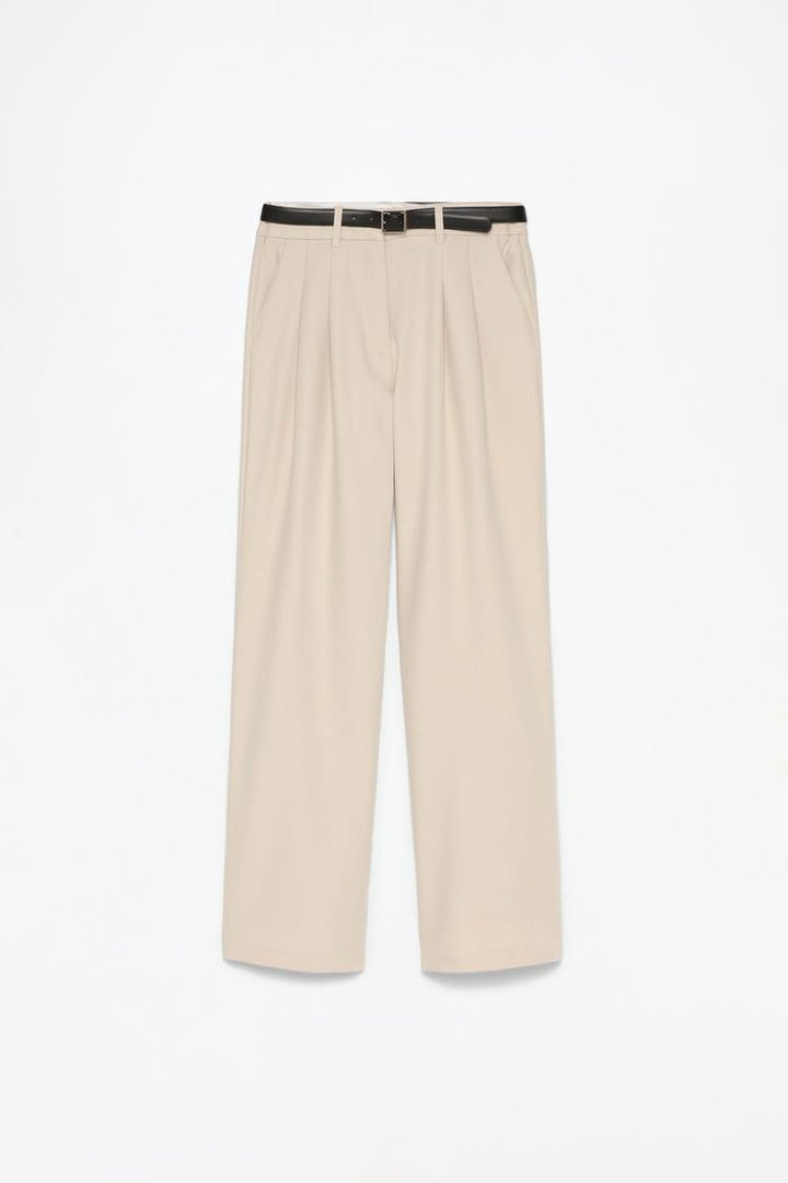 Full product display of beige belted wide-leg trousers, designed for comfort and style
