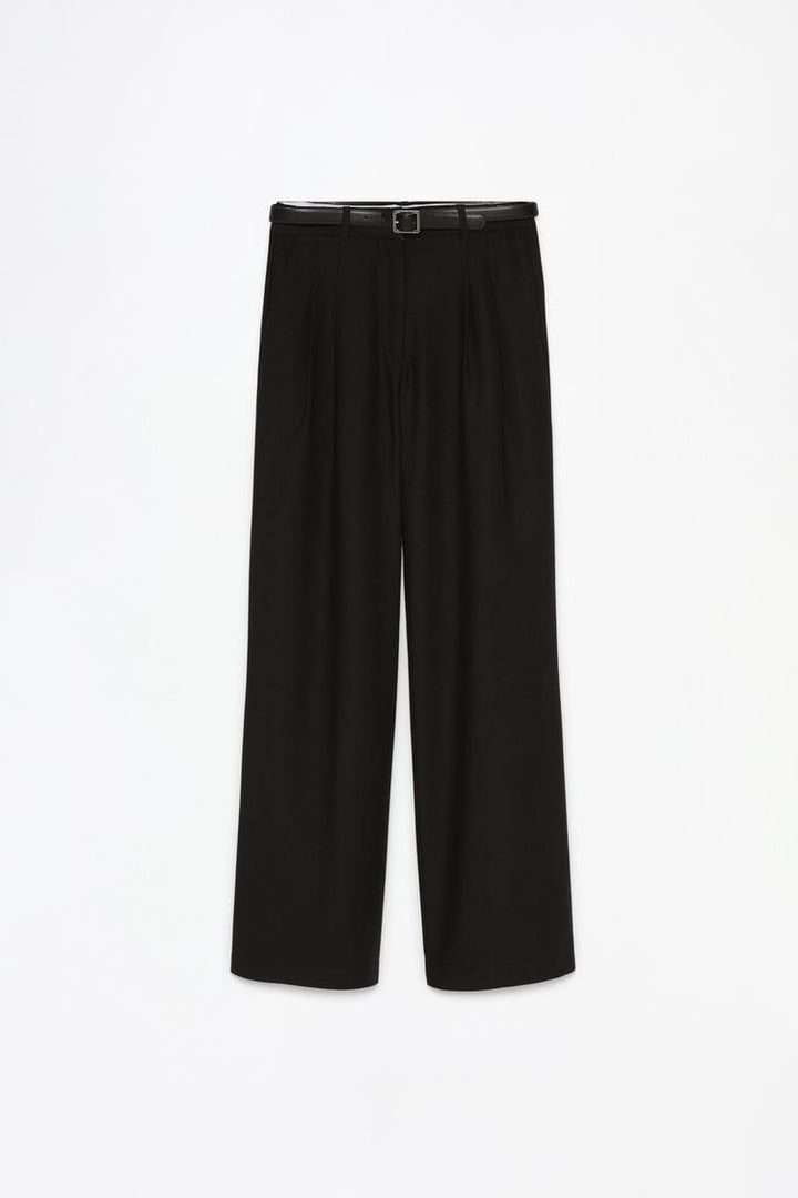 Complete product view of black belted wide-leg trousers, showcasing their versatile design