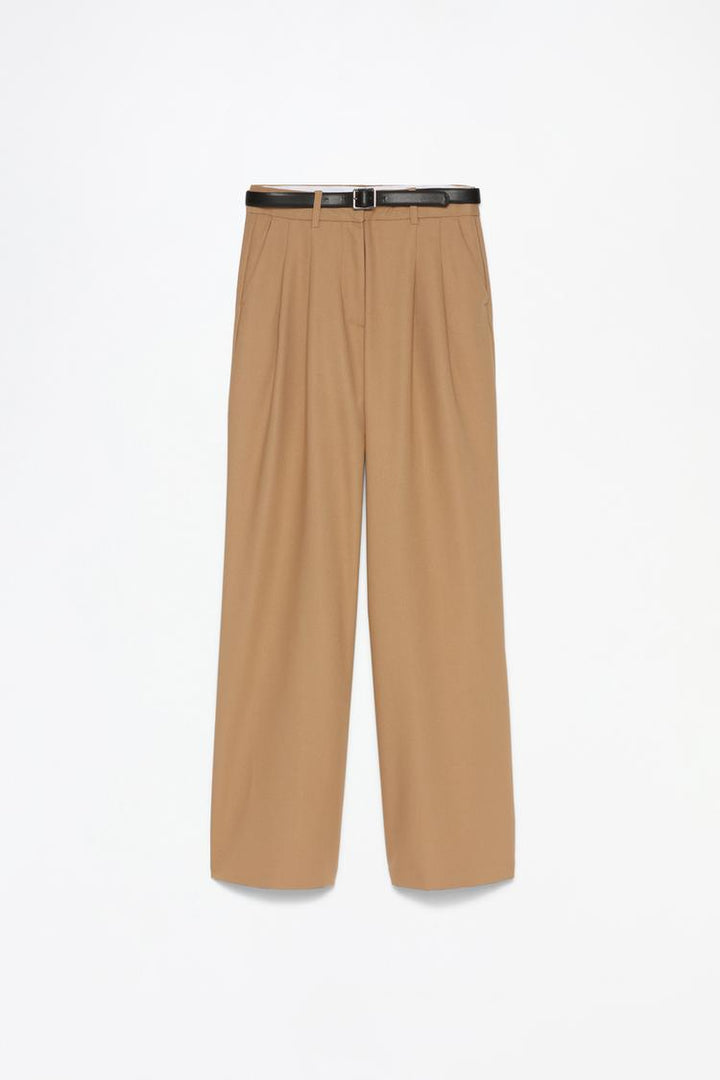 Full product showcase of bronze belted wide-leg trousers, designed for modern sophistication