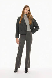 Stylish grey flared trousers, full product view showcasing elegant design and fit