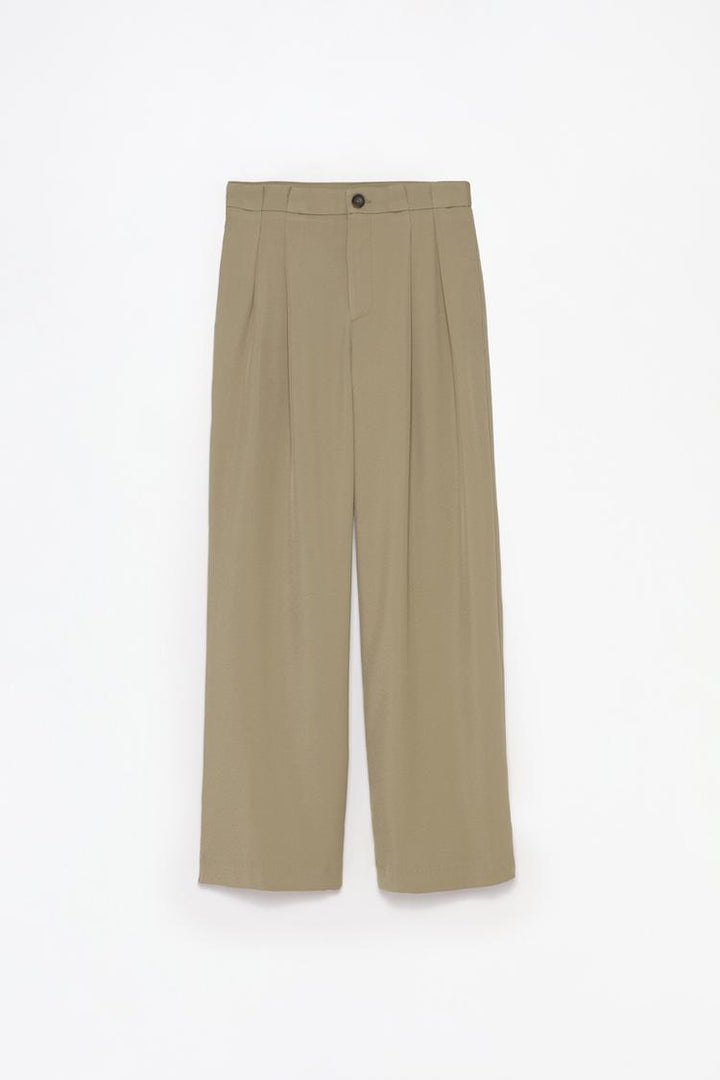 Full product view of beige formal wide-leg trousers, ideal for diverse outfit pairings