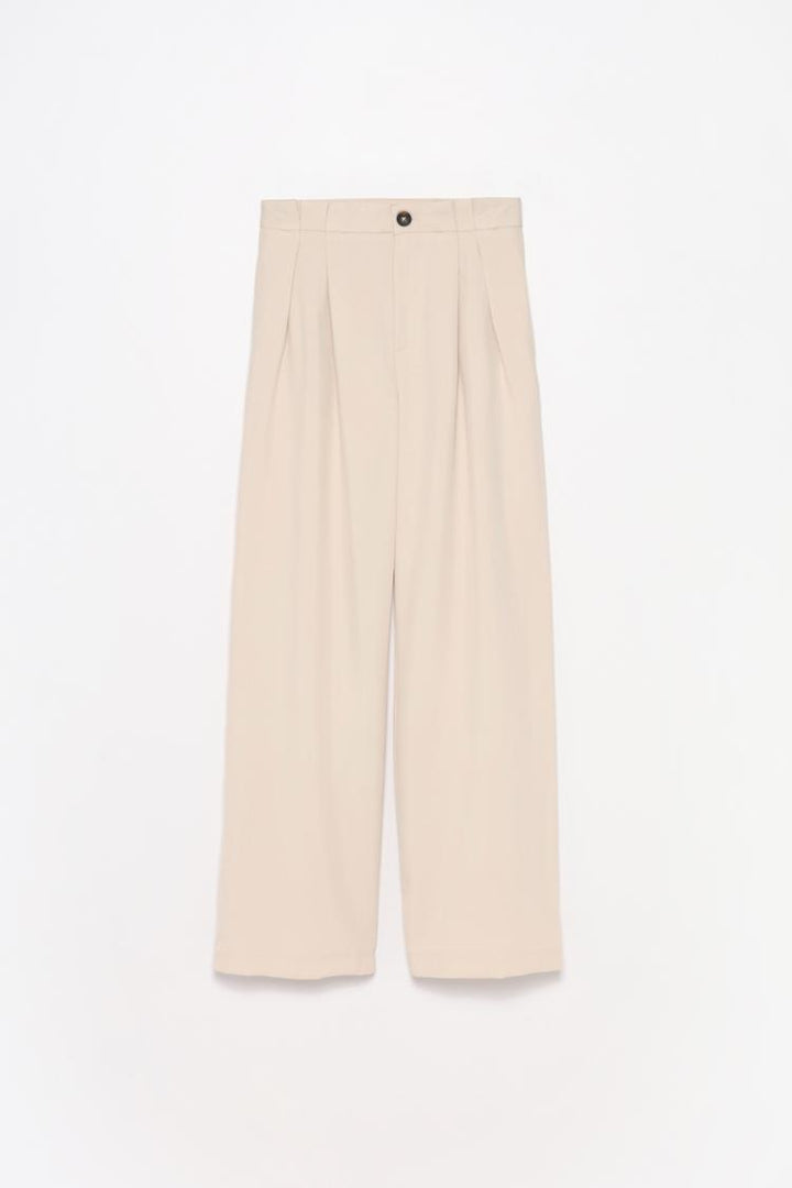 Full product view of khaki formal wide-leg trousers, offering a bold yet professional aesthetic