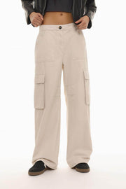 Front view of the beige cargo trousers, highlighting their casual fit and utilitarian style.