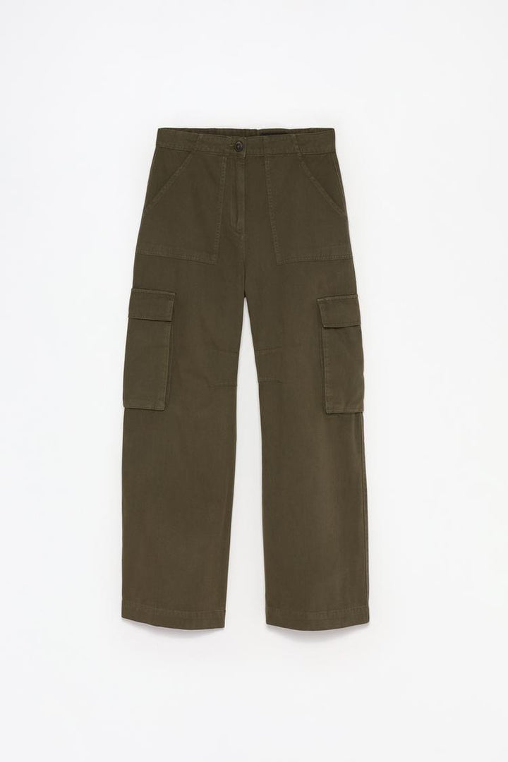 Complete product image of the dark green cargo trousers, focusing on their durable construction and aesthetic appeal.