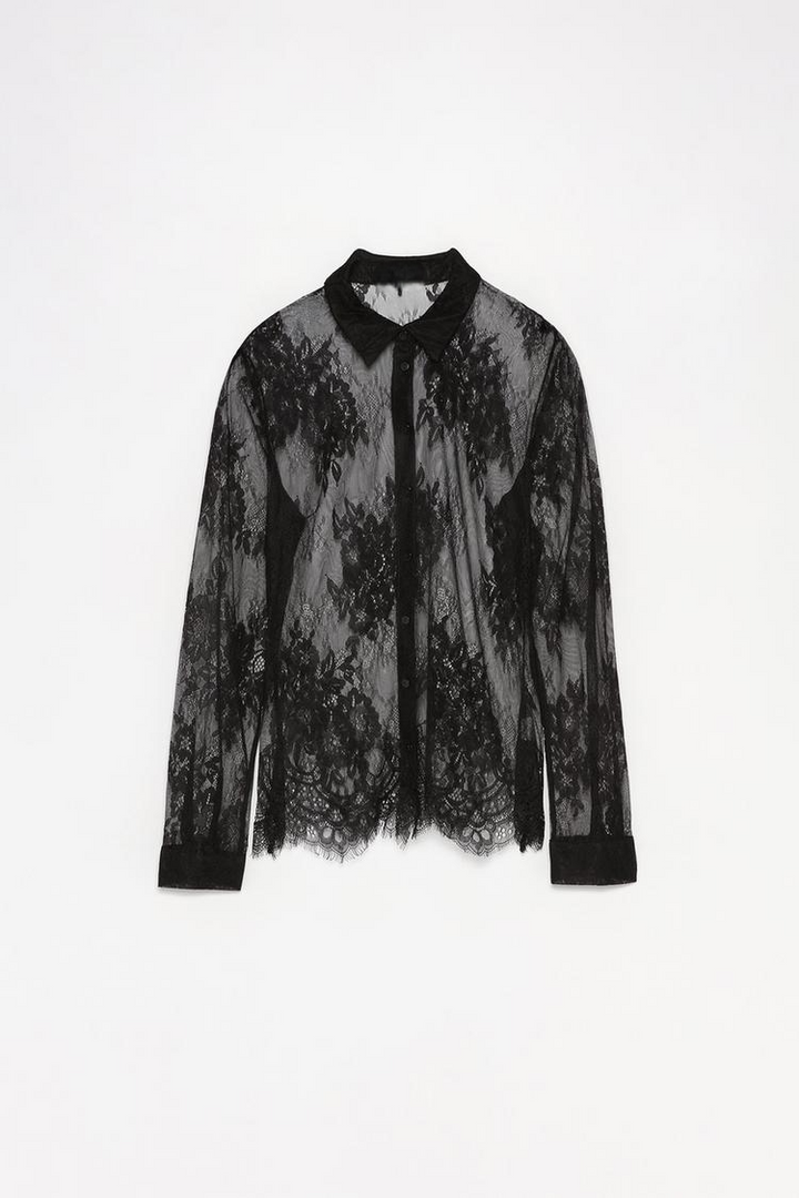Full product view of a lace shirt, showcasing its intricate lace details, delicate texture, and stylish design.