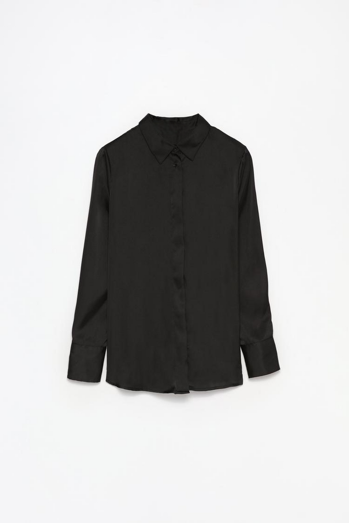 A full view of the black long-sleeve satin shirt, showcasing its elegant design with smooth satin fabric and a polished, sophisticated look. The shirt features a button-down front and classic long sleeves, making it a versatile piece for various occasions.