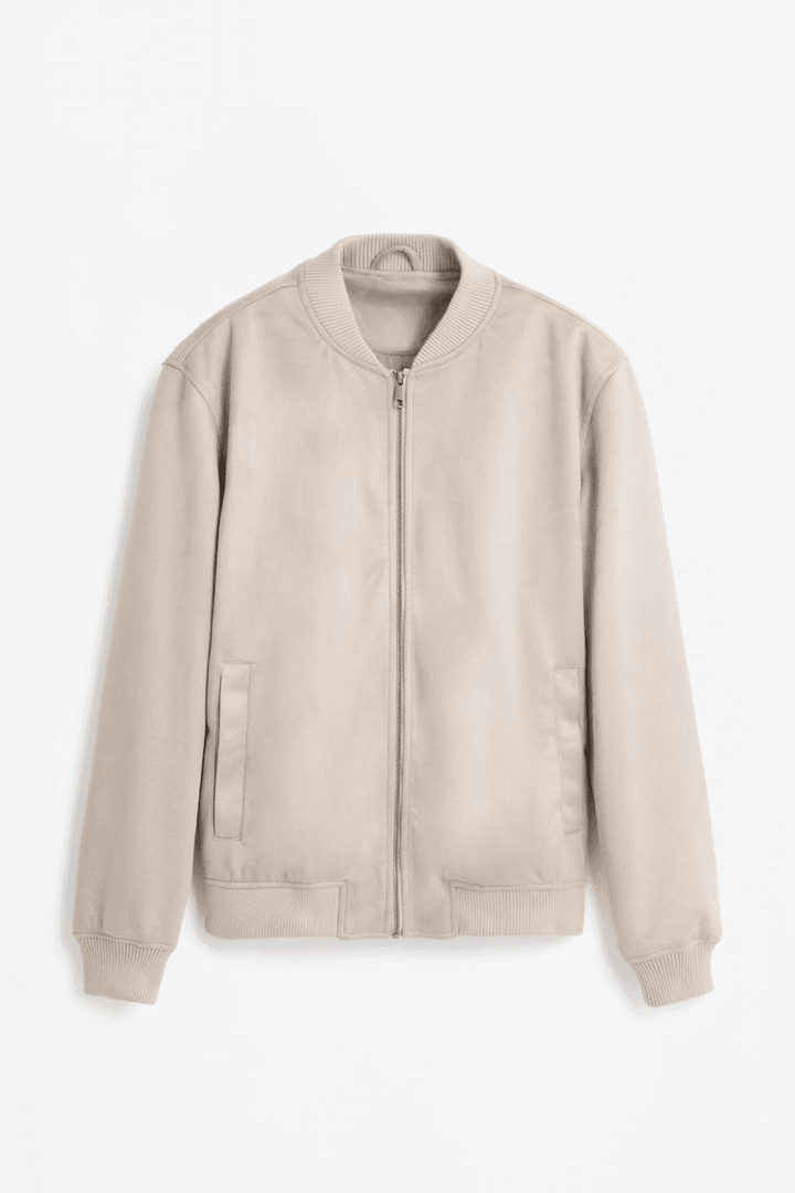 Beige faux suede bomber jacket for men

