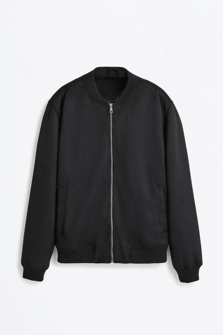 Black faux suede bomber jacket for men

