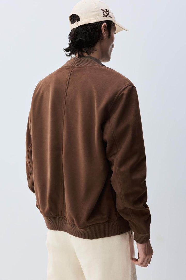 Back view of the men's brown faux suede bomber

