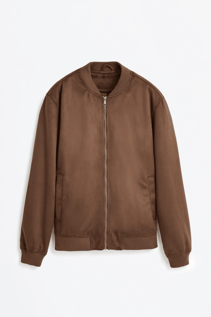 Brown faux suede bomber jacket for men

