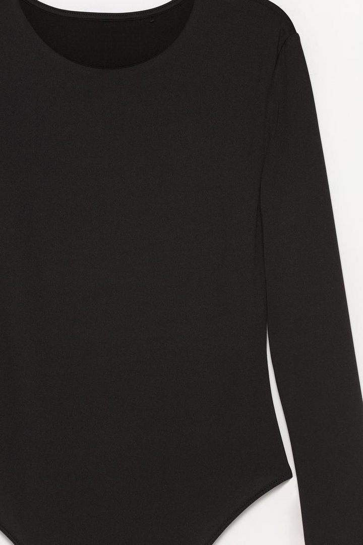 Zoomed-in view of the black polyamide round neck bodysuit, highlighting the smooth, stretchy fabric and classic round neckline for a flattering, sleek fit.