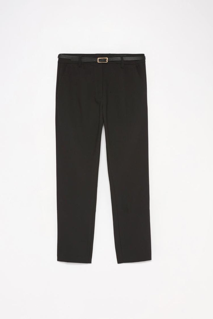 Brown slim fit trousers with a belt, a stylish addition for casual or formal wear