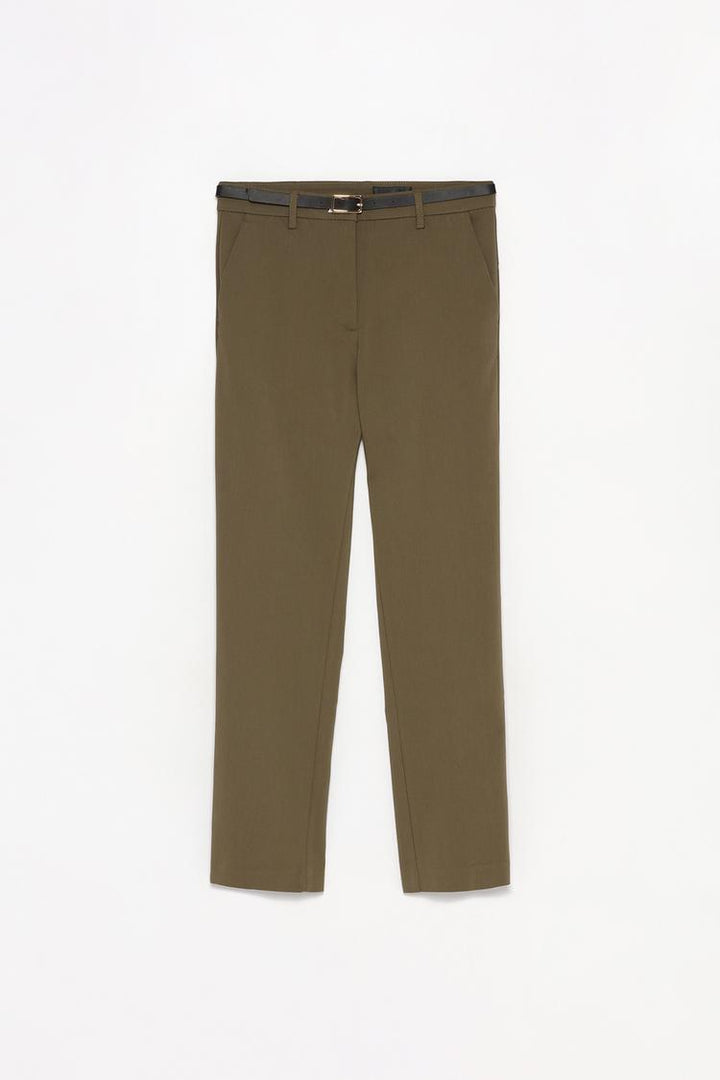 Full product view of brown slim fit trousers with a belt, offering versatile styling options