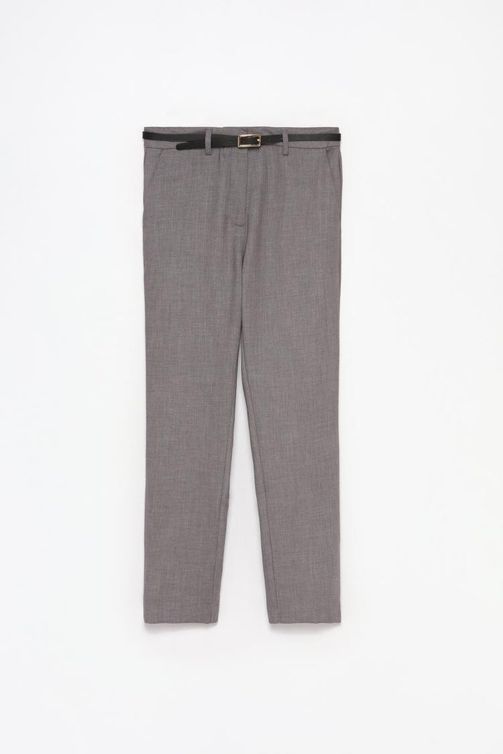 Full product view of grey slim fit trousers with a belt, showcasing versatile elegance