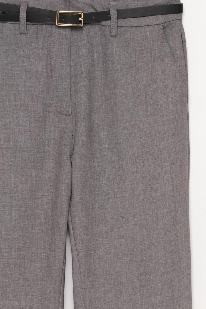Detailed product display of grey slim fit trousers with a belt, crafted for modern appeal