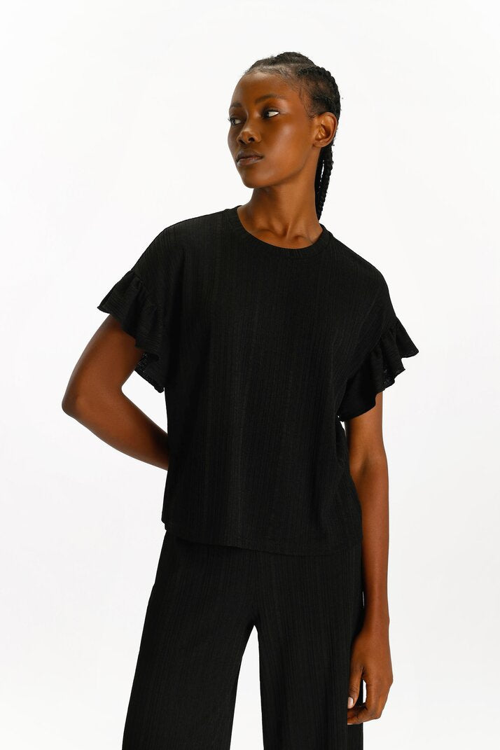 Classic black textured culottes, designed for a sleek and polished look.