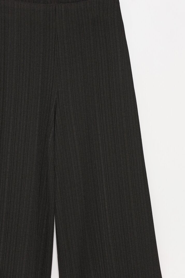Complete product view of the black textured culottes, showcasing their construction and detailing.