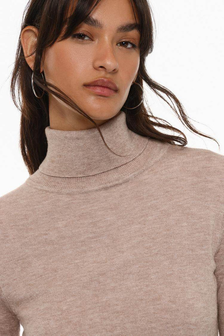 Close-up front view of beige turtleneck sweater

