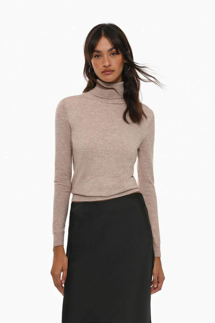 Front view of women's beige basic turtleneck sweater

