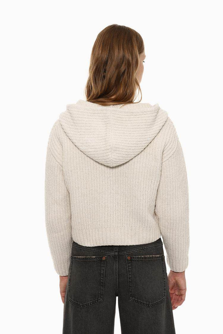 Back view of the women's beige chenille jacket

