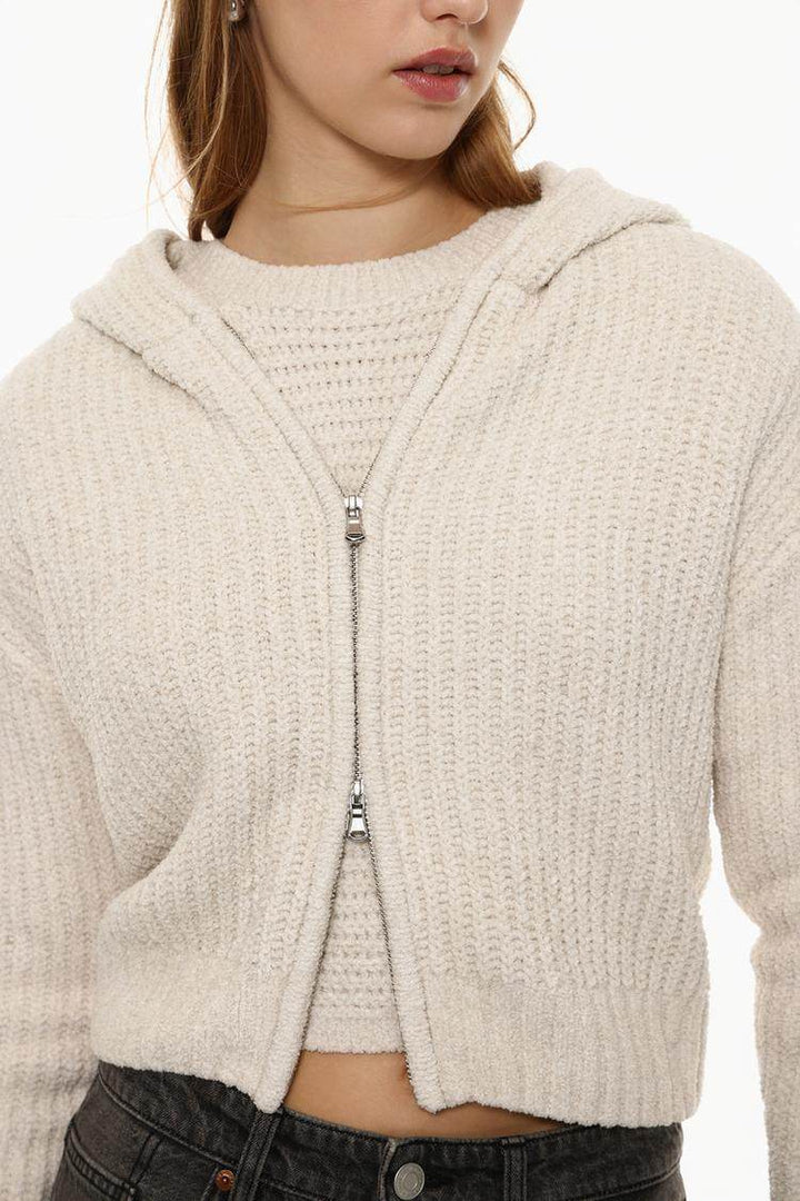 Model showcasing beige chenille jacket front

