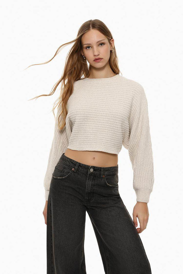 Front view of beige cropped chenille sweater

