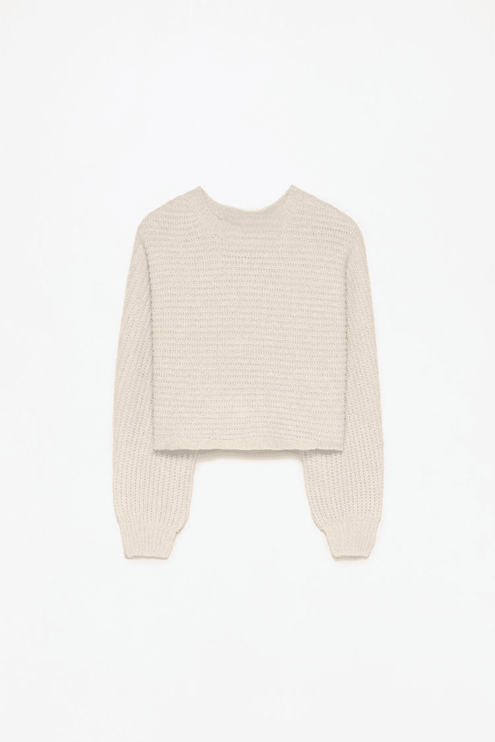 Beige cropped chenille sweater for women

