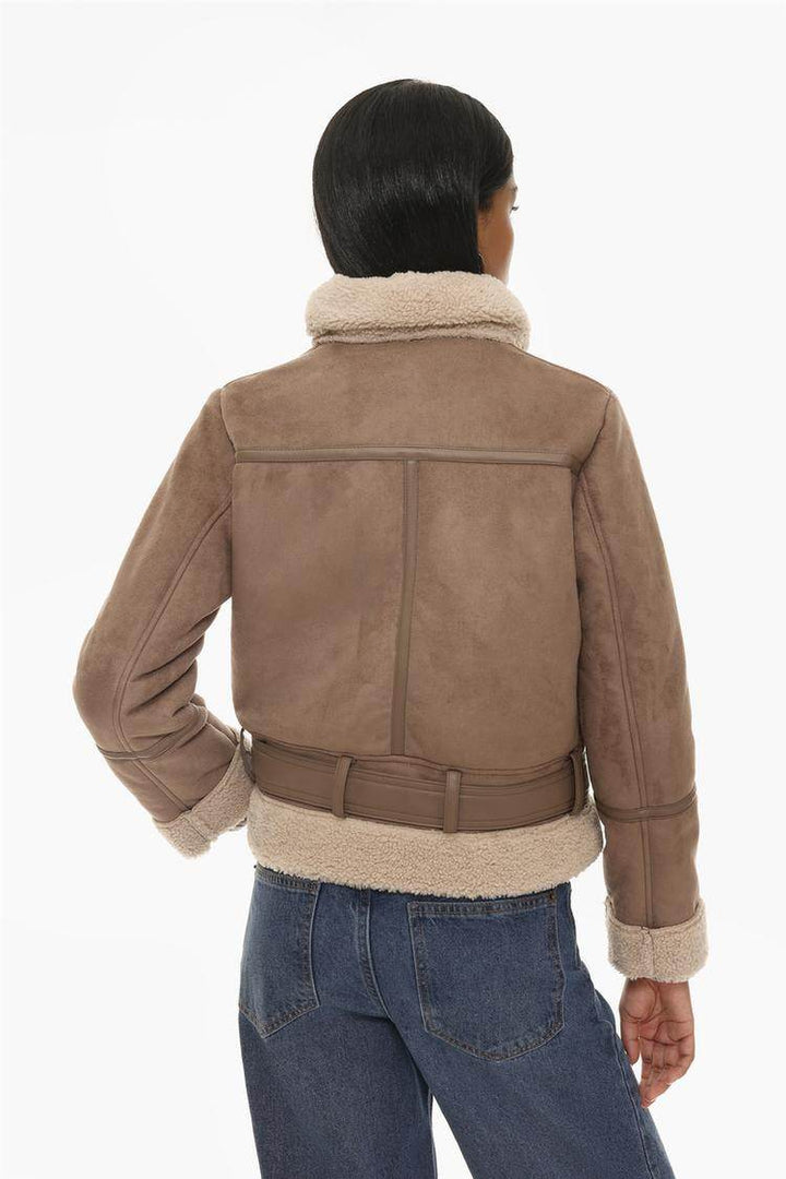 Back view of the women's beige double-faced crossover jacket

