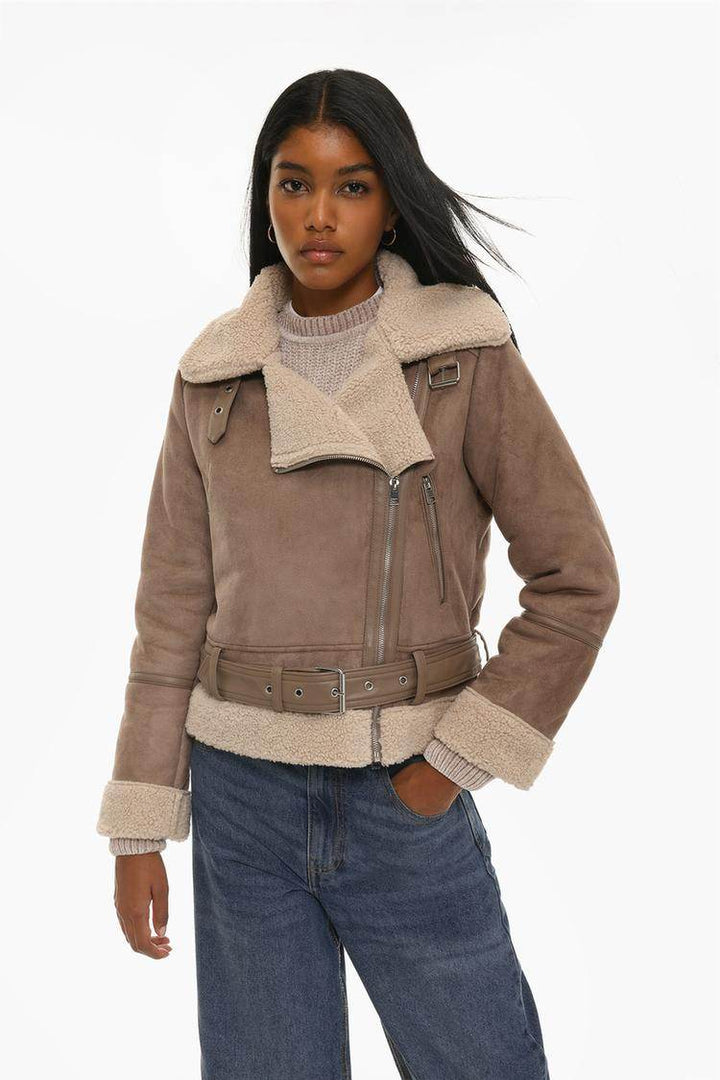 Front view of women's beige double-faced crossover jacket

