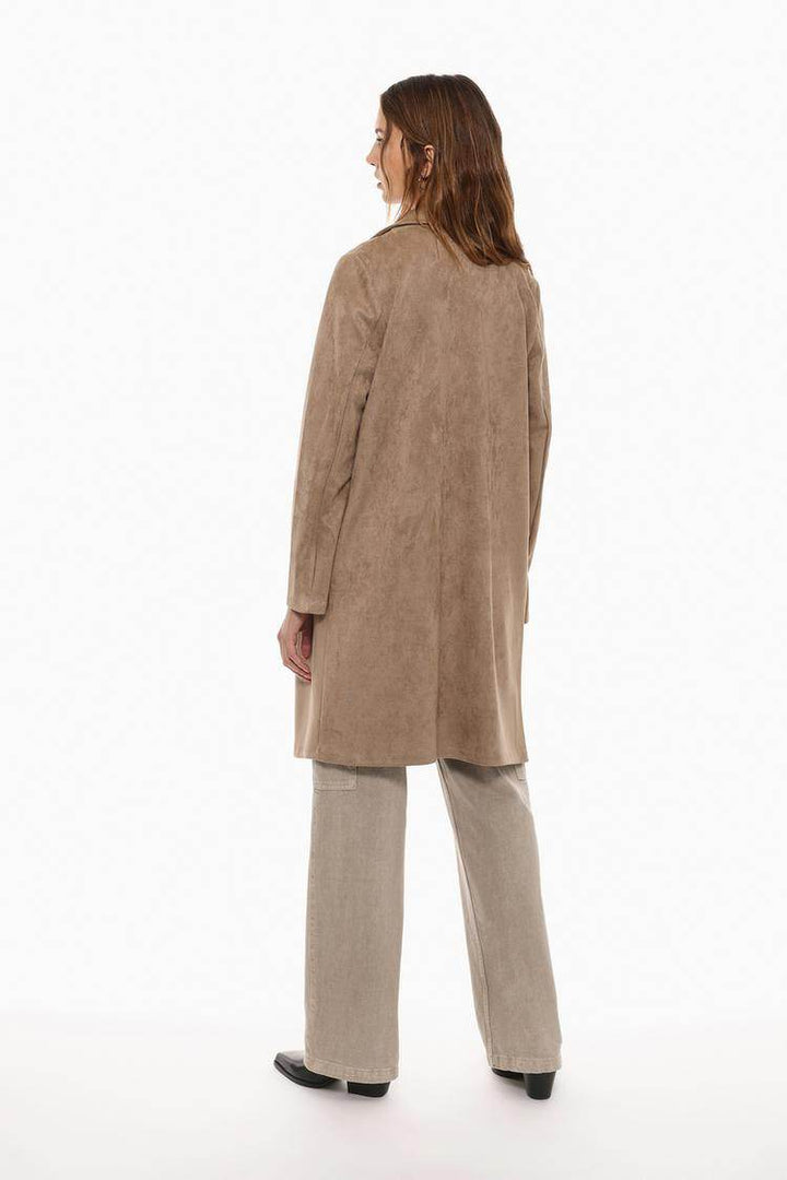 Back view of the women's beige faux suede coat

