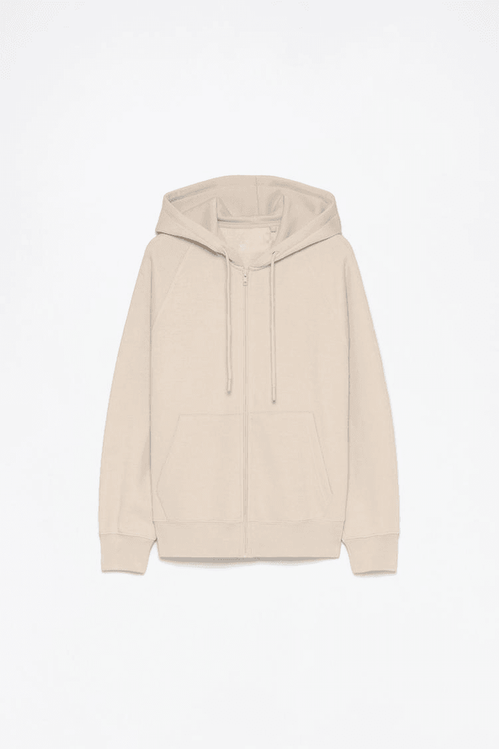Close-up product image of beige hooded jacket

