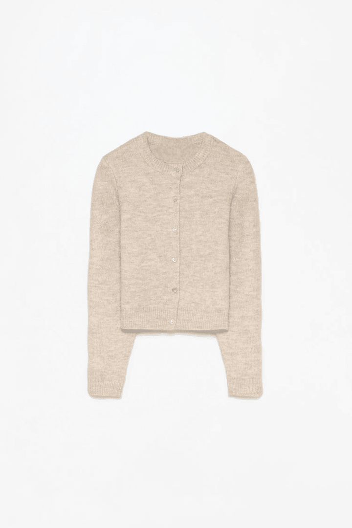 Beige rounded neck knit cardigan for women

