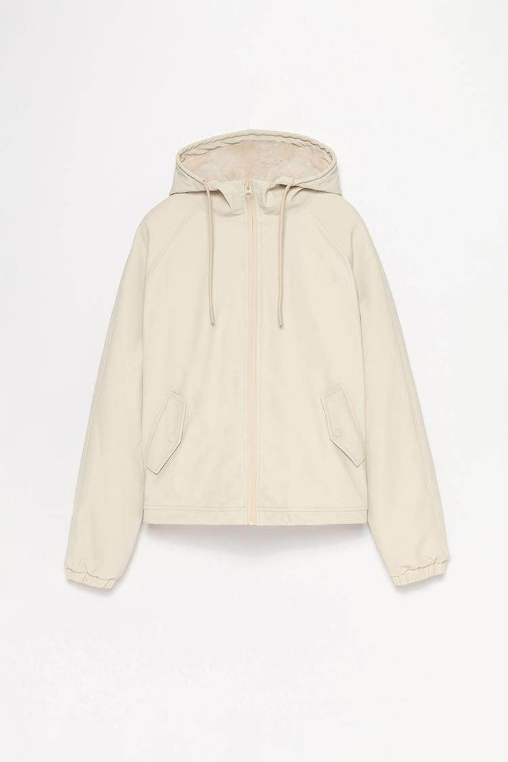 Beige rubberised parka with faux fur lining for women

