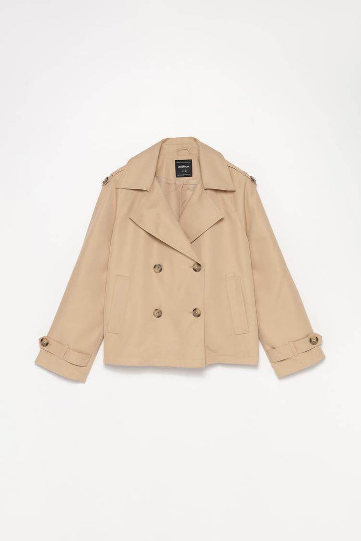Beige short oversize trench coat for women

