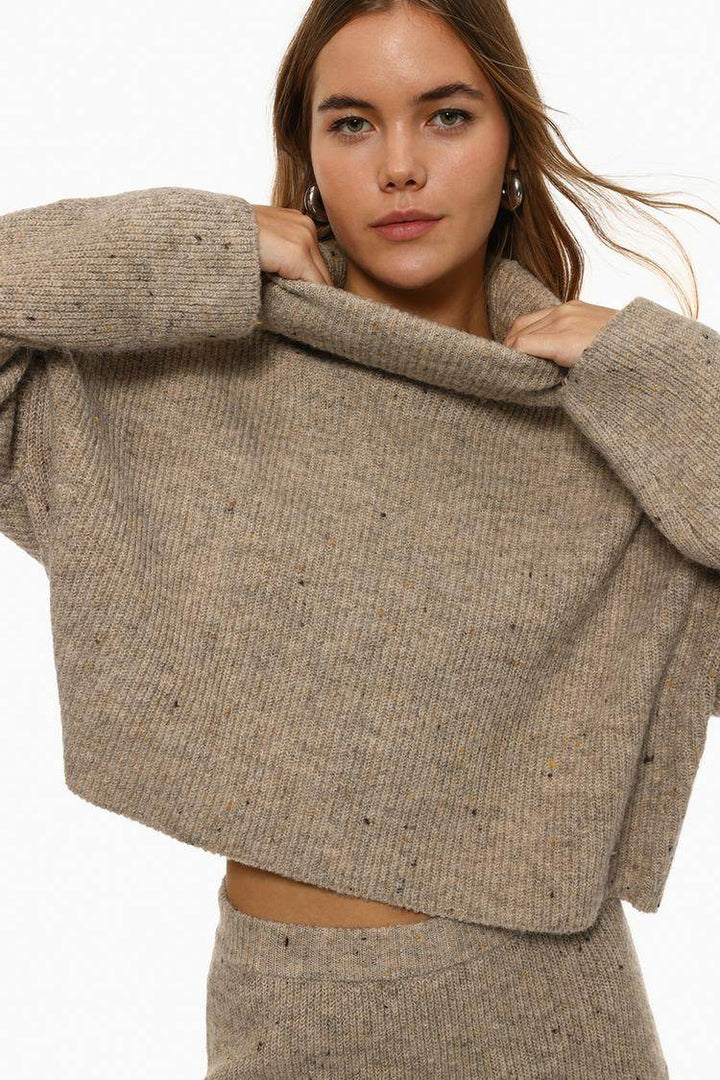 Model showcasing beige turtleneck sweater front

