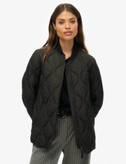 Front view of a women's black baseball collar jacket

