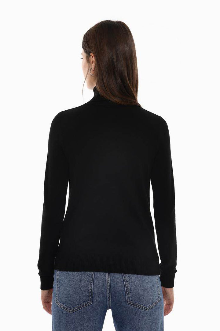 Back view of the women's black basic turtleneck sweater

