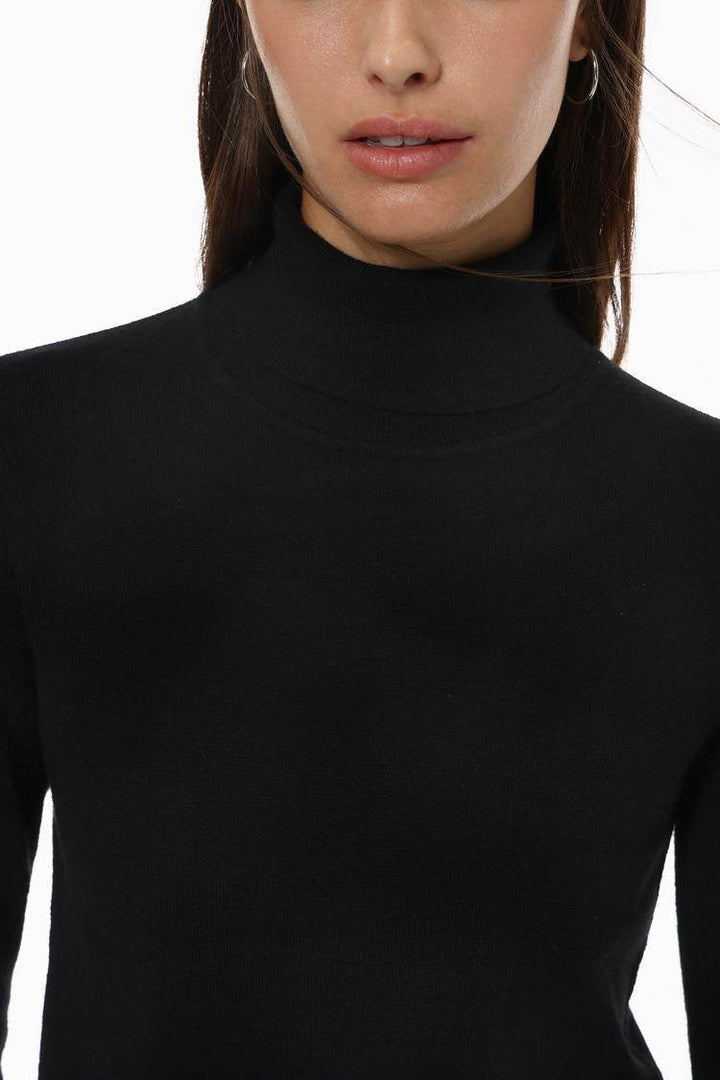 Close-up front view of black turtleneck sweater

