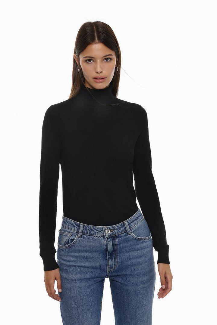 Front view of women's black basic turtleneck sweater

