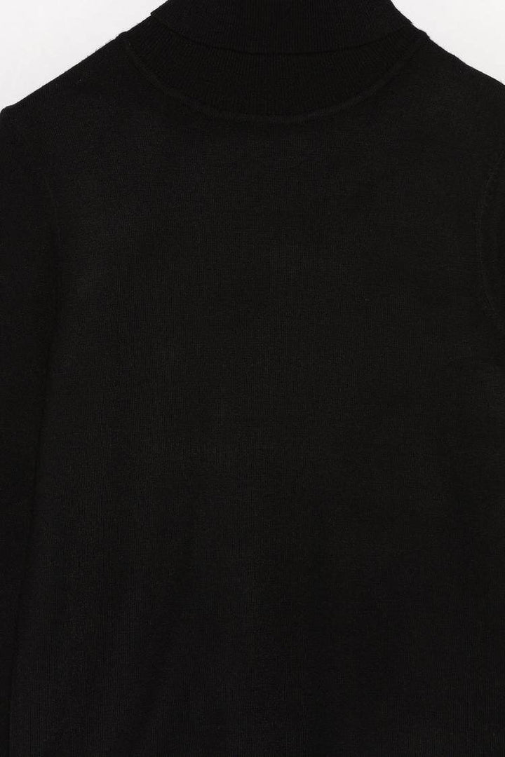Close-up product image of black turtleneck sweater

