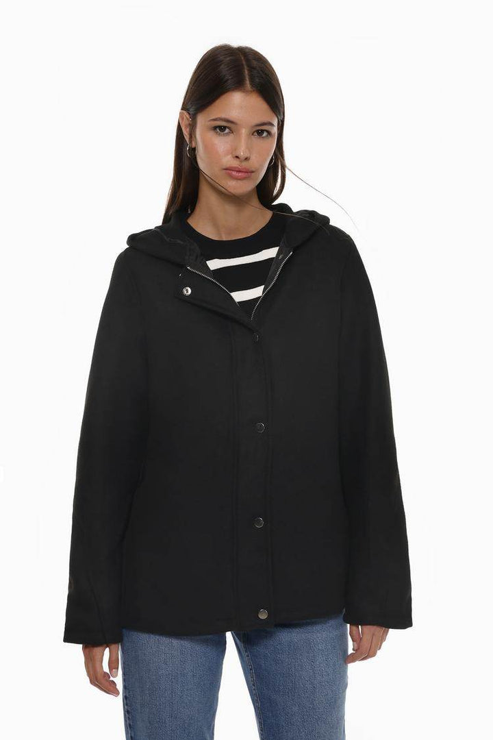 Front view of women's black basic wool coat

