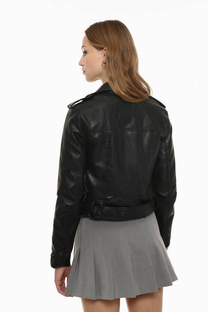 Back view of the women's black faux leather crossover jacket

