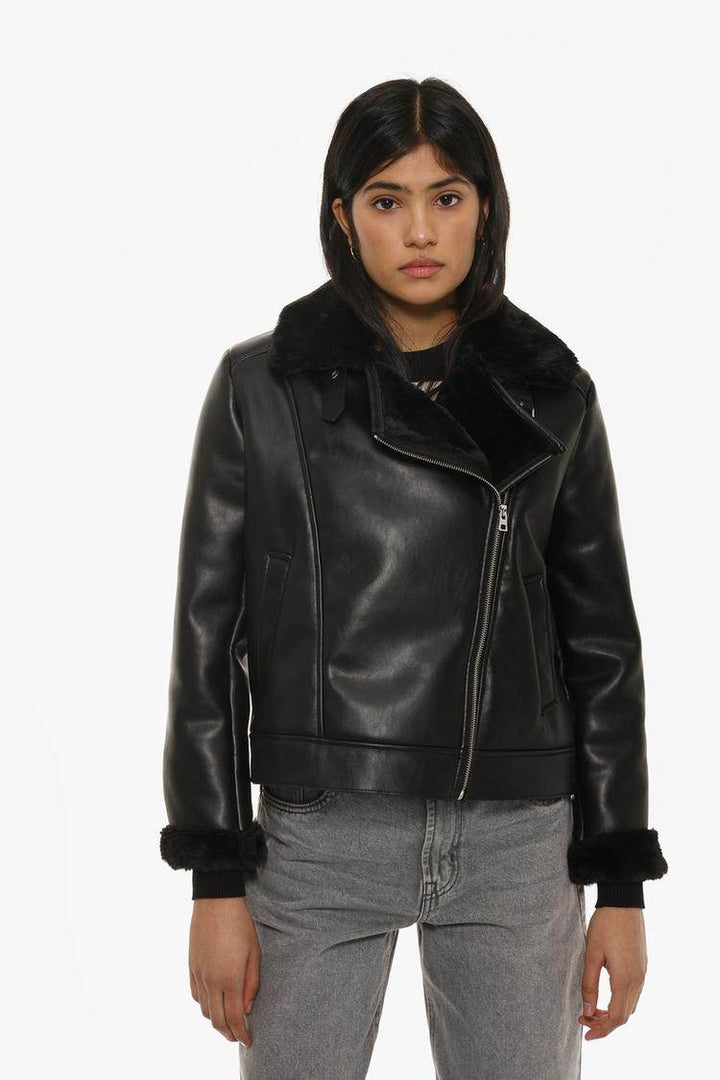 Front view of women's black faux leather double-faced jacket


