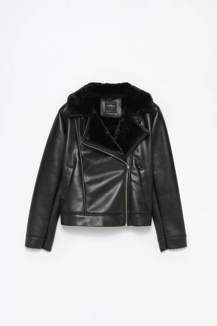 Black faux leather double-faced jacket for women


