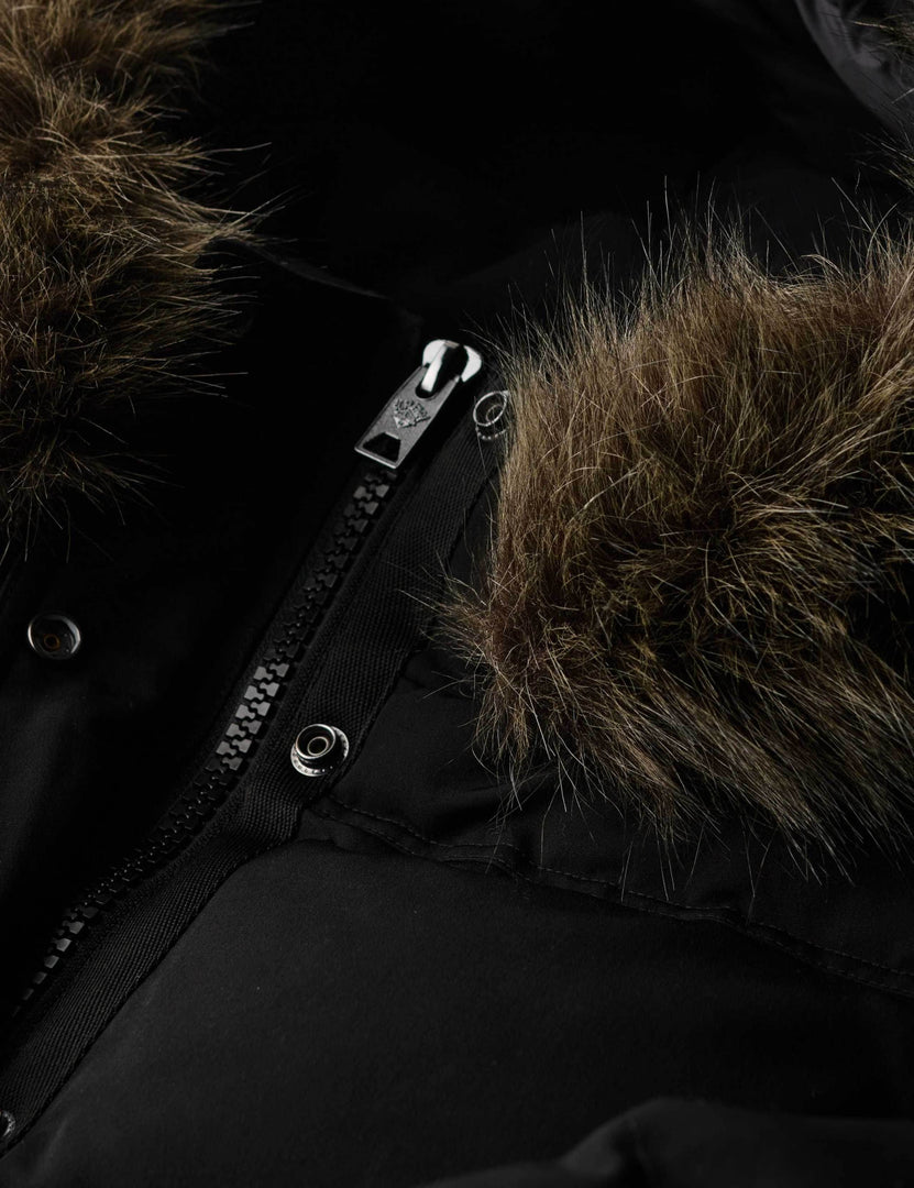 Close-up product image of the black hooded funnel neck puffer

