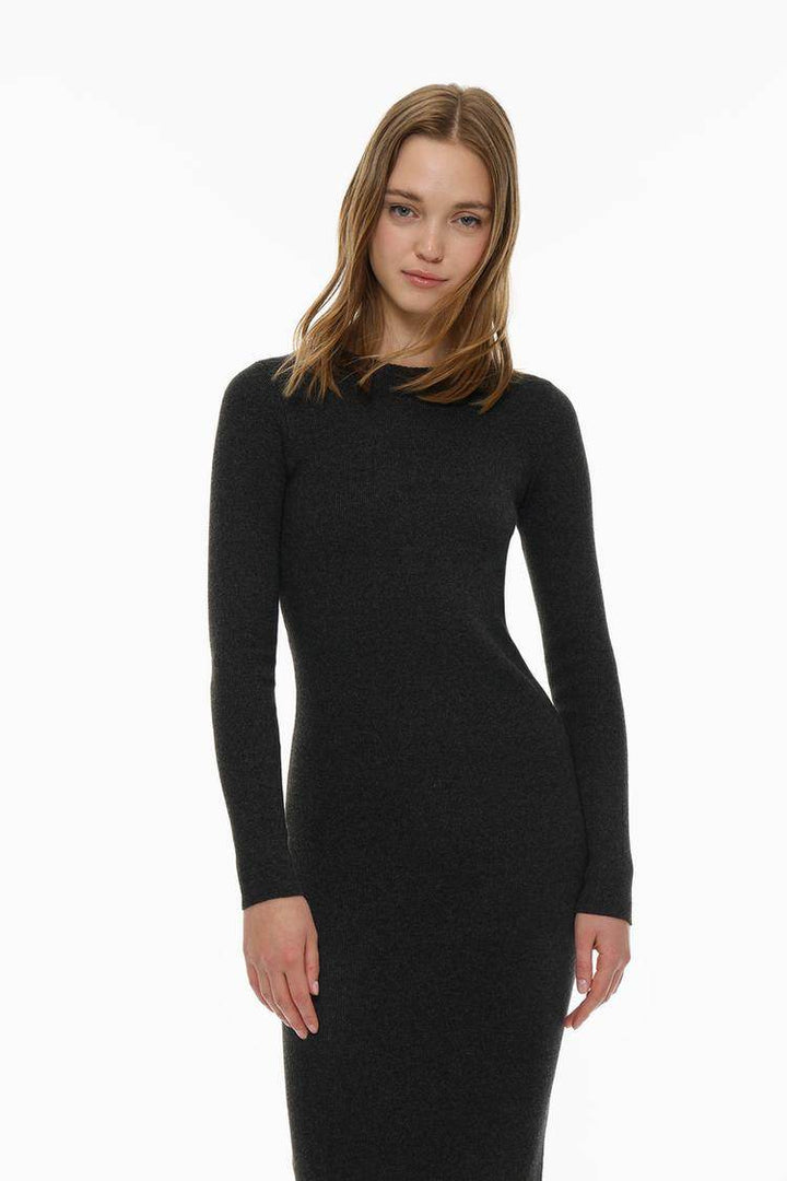 Full front view of the black knit midi dress

